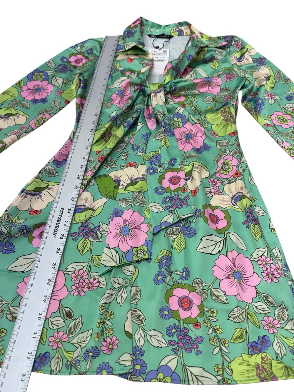 NWT Zara Satin Floral Tie Front Mini Dress Green Size M - Picture 11 of 14